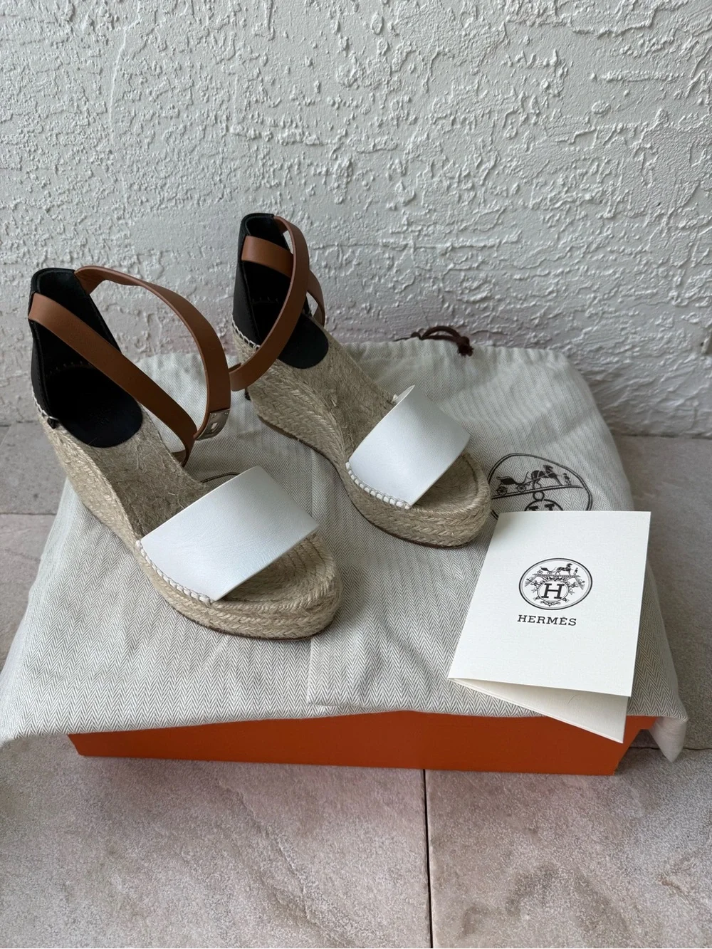 Hermes Tivoli Calfskin Leather Ankle Strap Espadrille Wedges